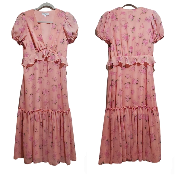 LoveShackFancy Pink Floral Ruffle Midi Dress Size 8 - Picture 3 of 12
